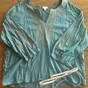 J. Jill Teal Tunic with Gold/Camel Color Embroidery, 3X, 100% Cotton